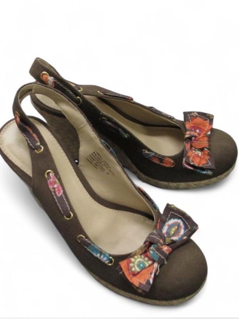 Xhileration Brown Espadrille Wedge Slingback with Floral Bow Accent